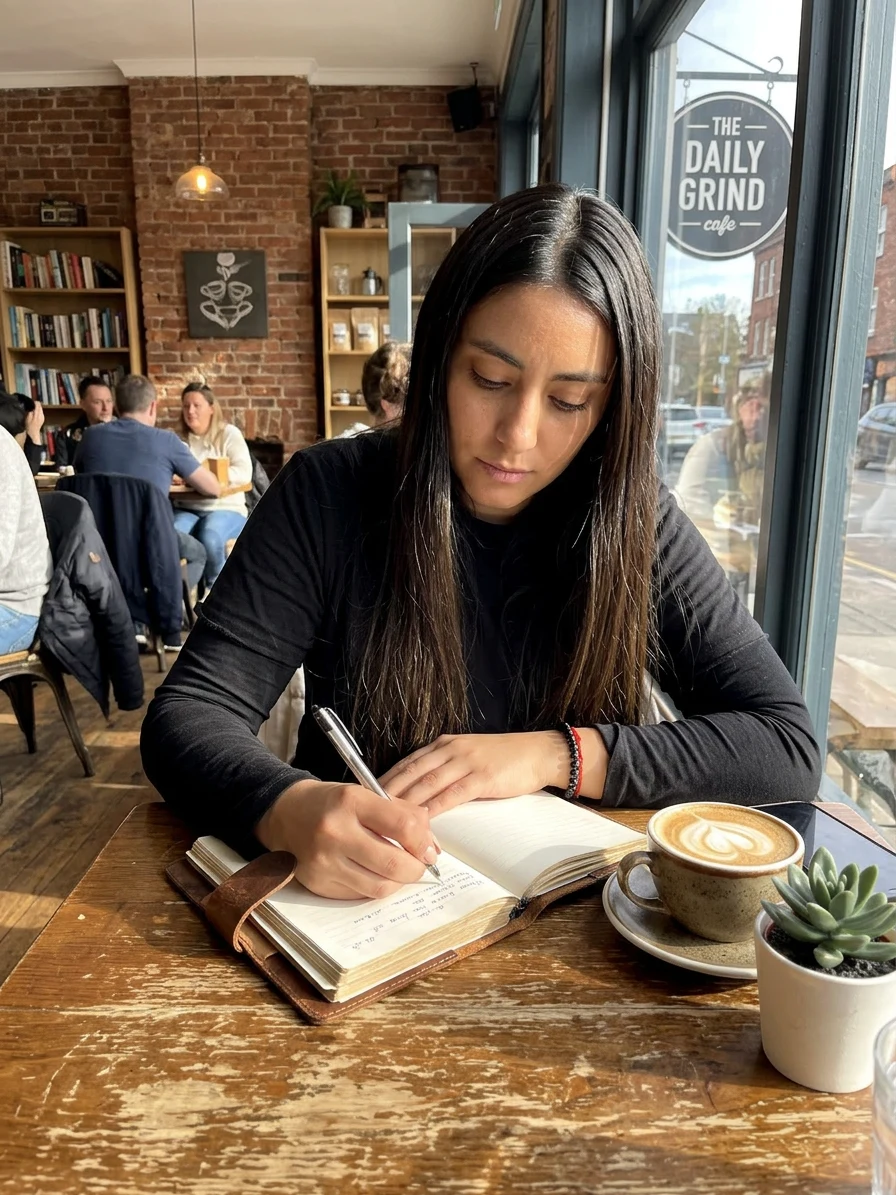 Cristina Valdivieso escribiendo en un cuaderno