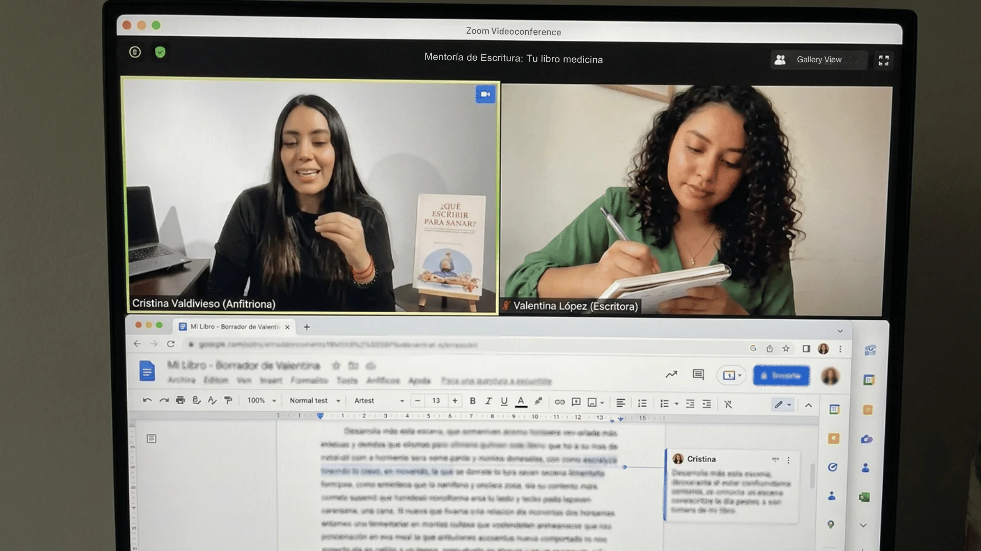 Cristina Valdivieso en sesión 1:1 por videollamada con una alumna